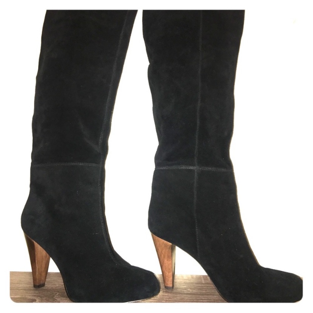 Joie Caviar Black Suede Tall Heeled Boots With Stitching detail
